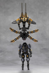 Black and gold robot action figure on a gray background