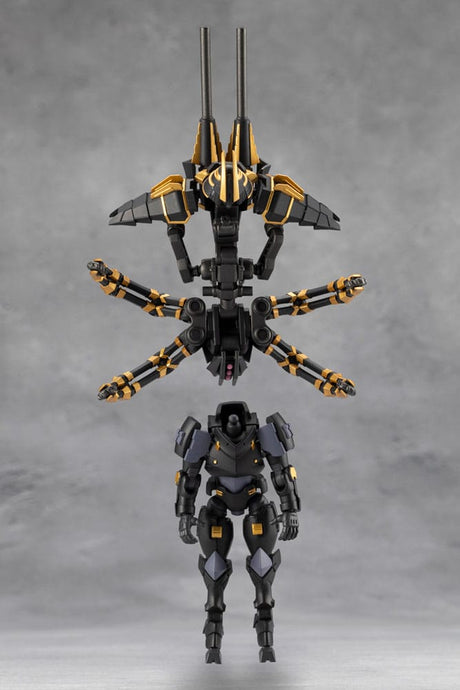 Black and gold robot action figure on a gray background