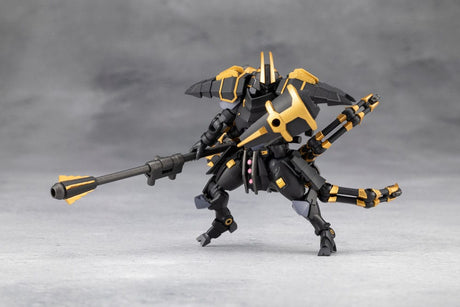 Black and yellow robot action figure on a gray background