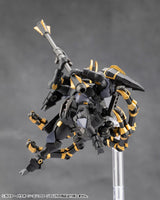 Mechanical model figure with black and gold details on a gray background