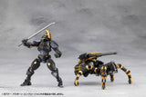 Two robot figures, one with a sword and the other on a spider-like mechanism, on a gray background.