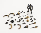 Robot model kit with scattered pieces on a white background