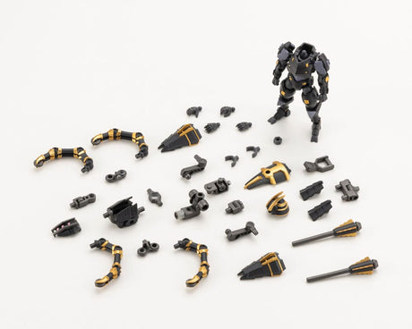 Robot model kit with scattered pieces on a white background