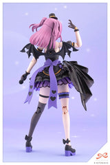 Action figure with pink hair and black and purple outfit on a light purple background