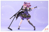 Action figure with purple hair and black outfit on a light purple background