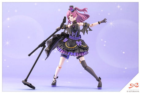 Action figure with purple hair and black outfit on a light purple background