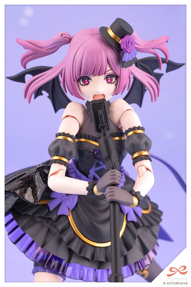 Figurine with pink hair and black outfit holding a microphone against a purple background