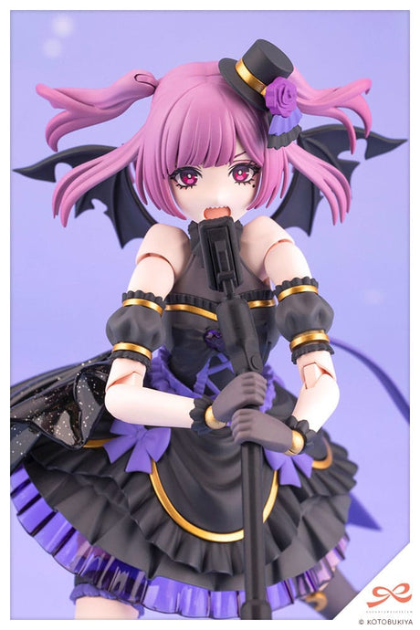 Figurine with pink hair and black outfit holding a microphone against a purple background