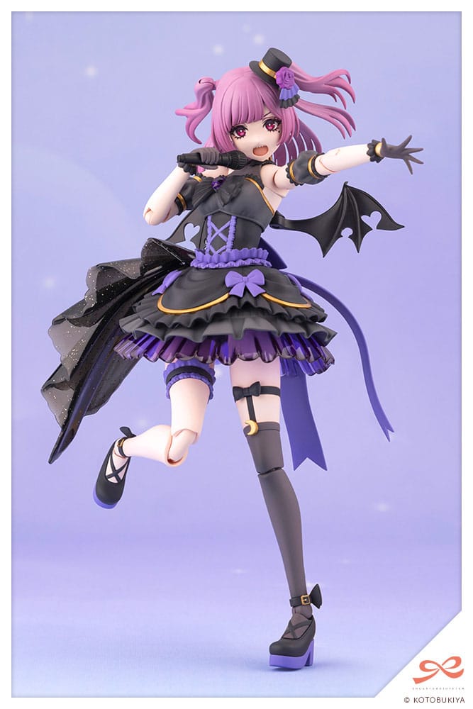 Action figure with pink hair and a black and purple outfit on a light purple background