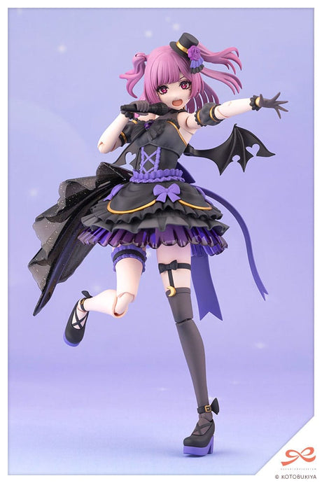 Action figure with pink hair and a black and purple outfit on a light purple background