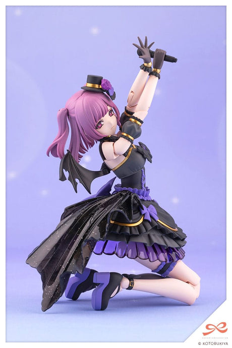 Action figure with pink hair and black and purple outfit on a light purple background