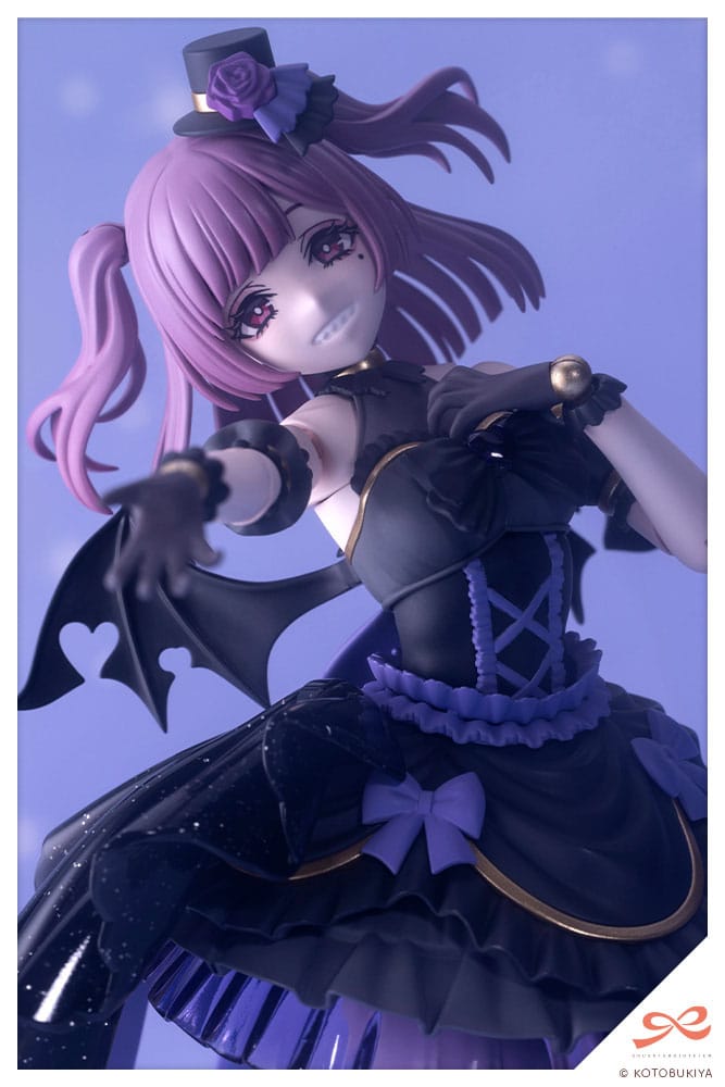 Figurine of a character with purple hair and black outfit against a purple background