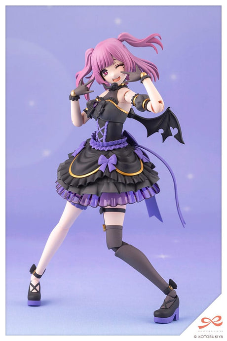 Anime character figurine with pink hair and black and purple outfit on a light purple background