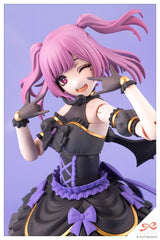 Figurine with pink hair and black and purple outfit on a purple background