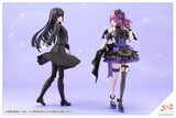 Two anime-style character figures on a light purple background with star-like dots.