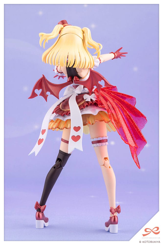 Action figure with a red and orange outfit on a light purple background