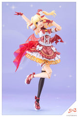 Anime character figurine in a red and white outfit with dragon wings on a light purple background