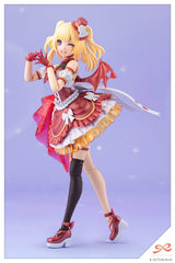 Figurine of a character in a red and white outfit with a purple background