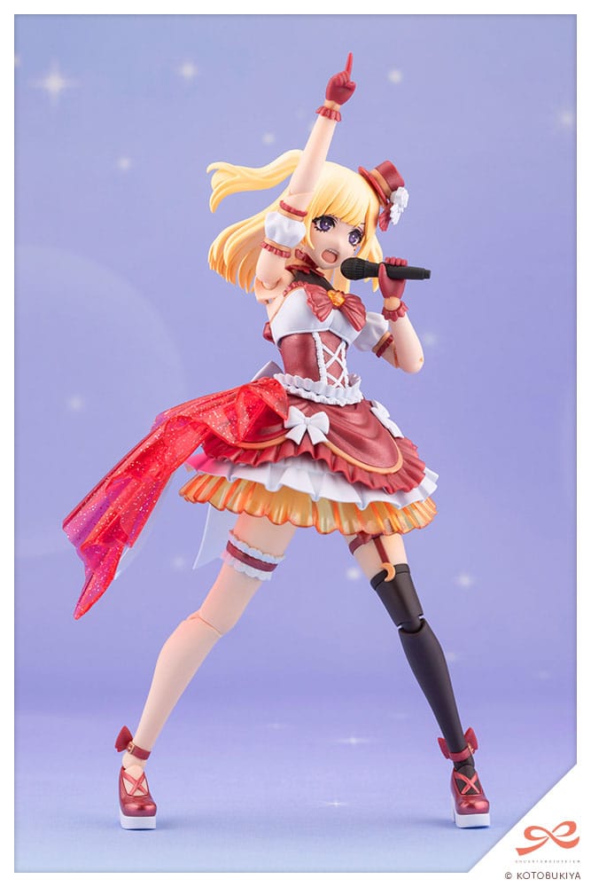 Action figure of a character in a red and white outfit with a microphone on a light purple background