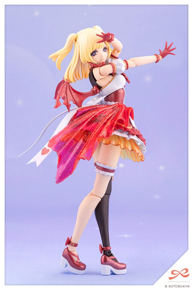 Anime character figurine with red and white outfit on a light purple background