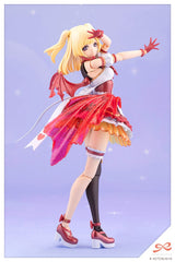 Anime character figurine with red and white outfit on a light purple background