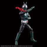Shin Kamen Rider action figure posed in a dynamic fighting stance against a solid black background. The figure features a black and dark green bodysuit, a silver helmet with two antennae, a bright red cape, and a silver belt with a red Geki-Geki token.