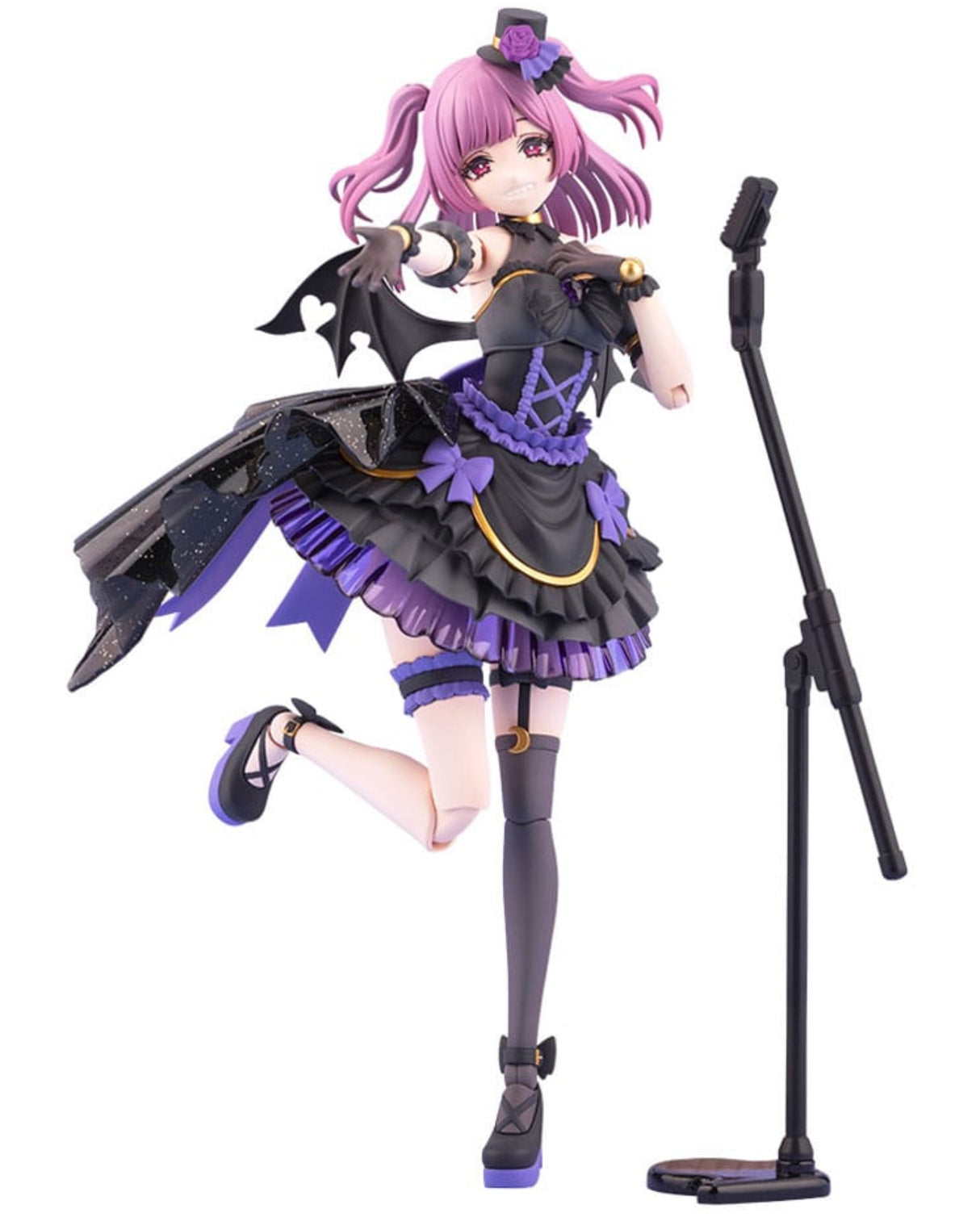 A collectible anime figurine of a female singer with pink hair, wearing a black and purple bat-themed dress, posed next to a black microphone stand on a white background.
