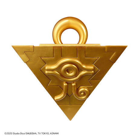 Gold triangular pendant with eye design on a white background